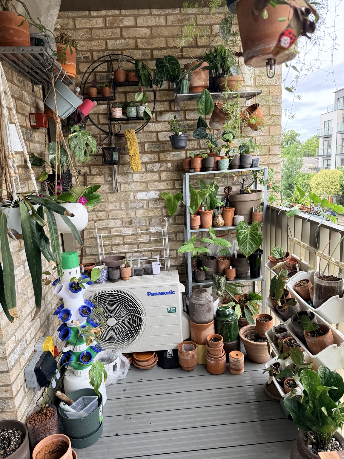 Vik’s balcony densely filled with potted and hanging plants