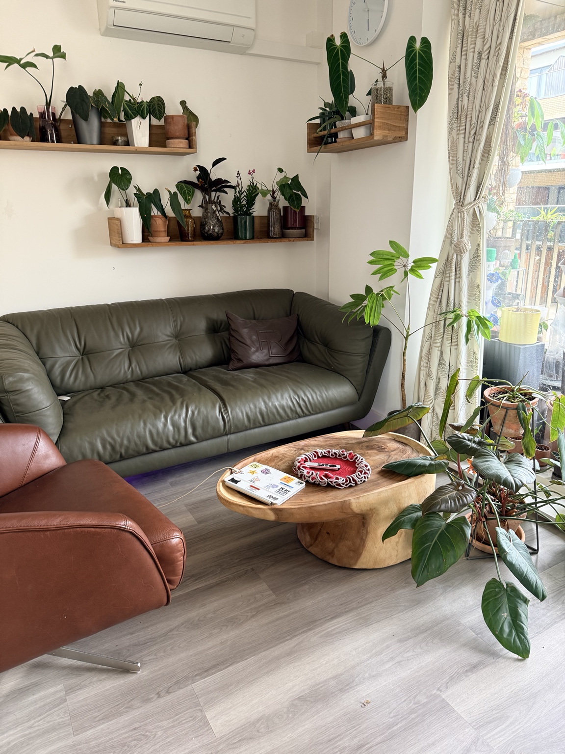 Vik’s living room with a green sofa, wooden coffee table and plant-covered shelves